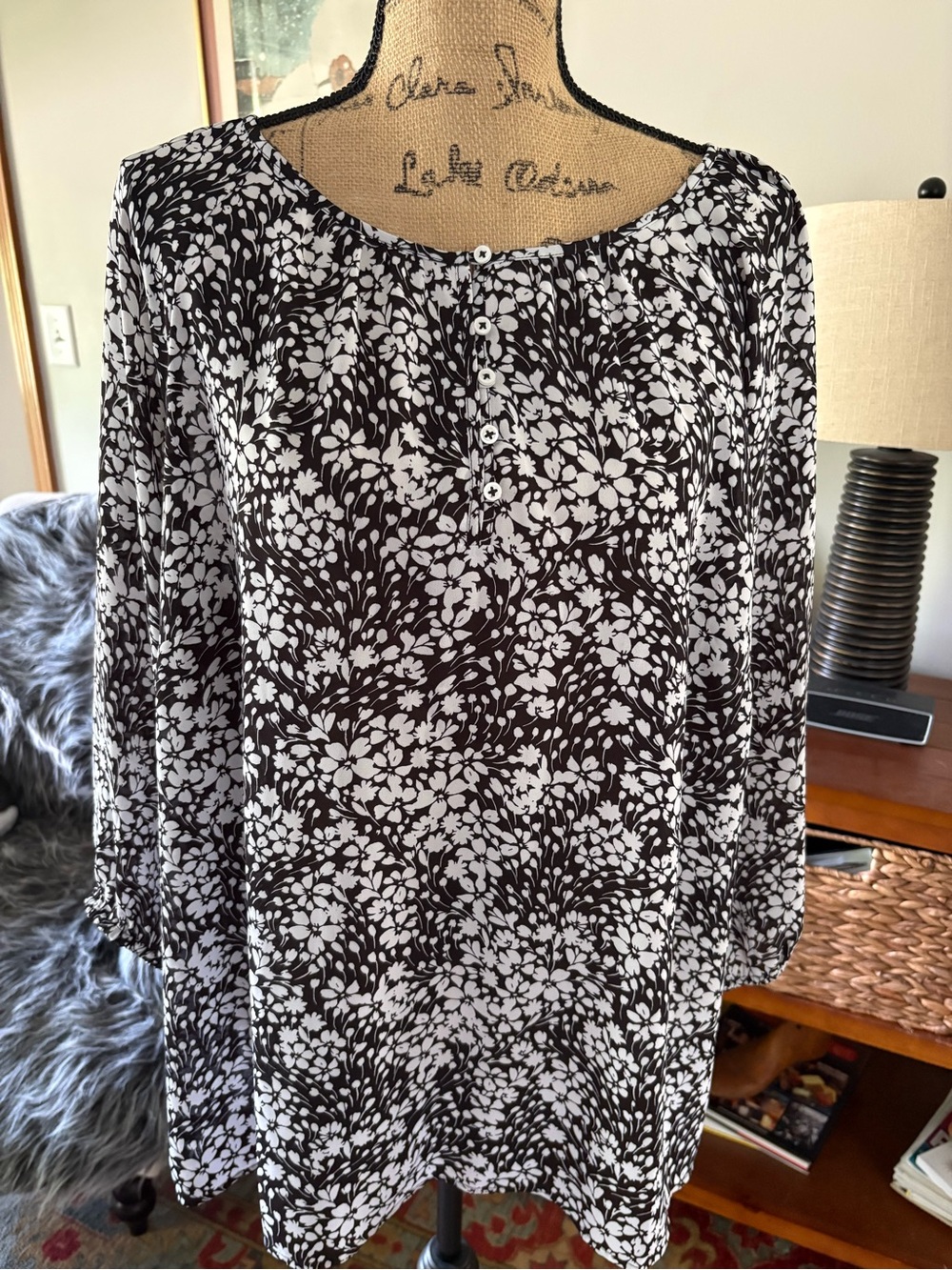Talbots Black and White Floral Button-Front Tunic